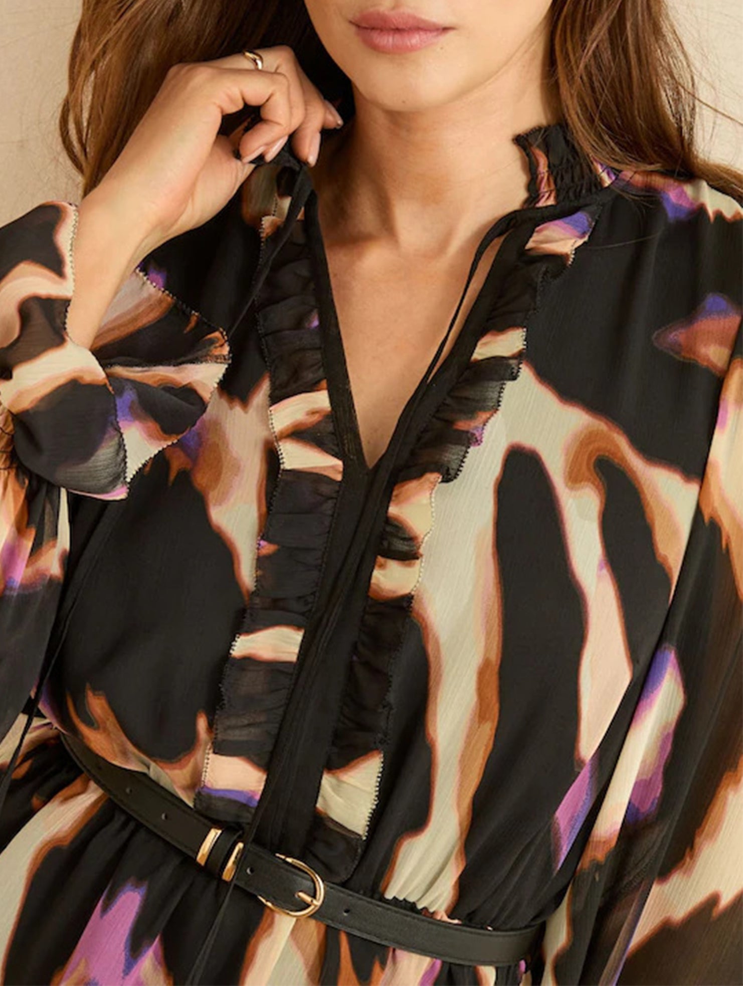 Printed V Neck Bell Sleeve Slim Dress_CWDSD11547