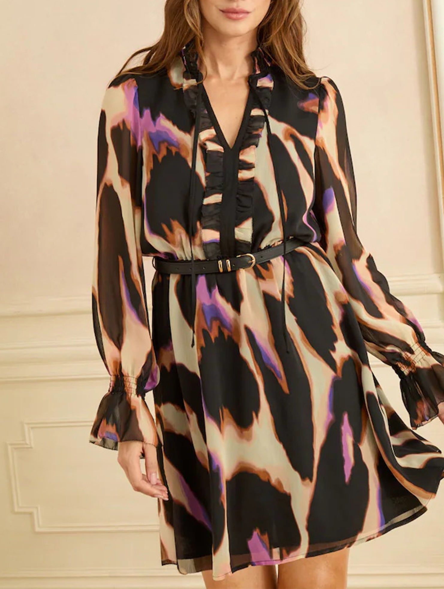 Printed V Neck Bell Sleeve Slim Dress_CWDSD11547
