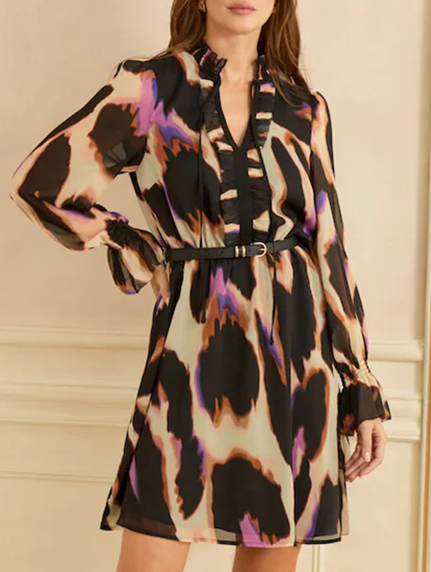 Printed V Neck Bell Sleeve Slim Dress_CWDSD11547