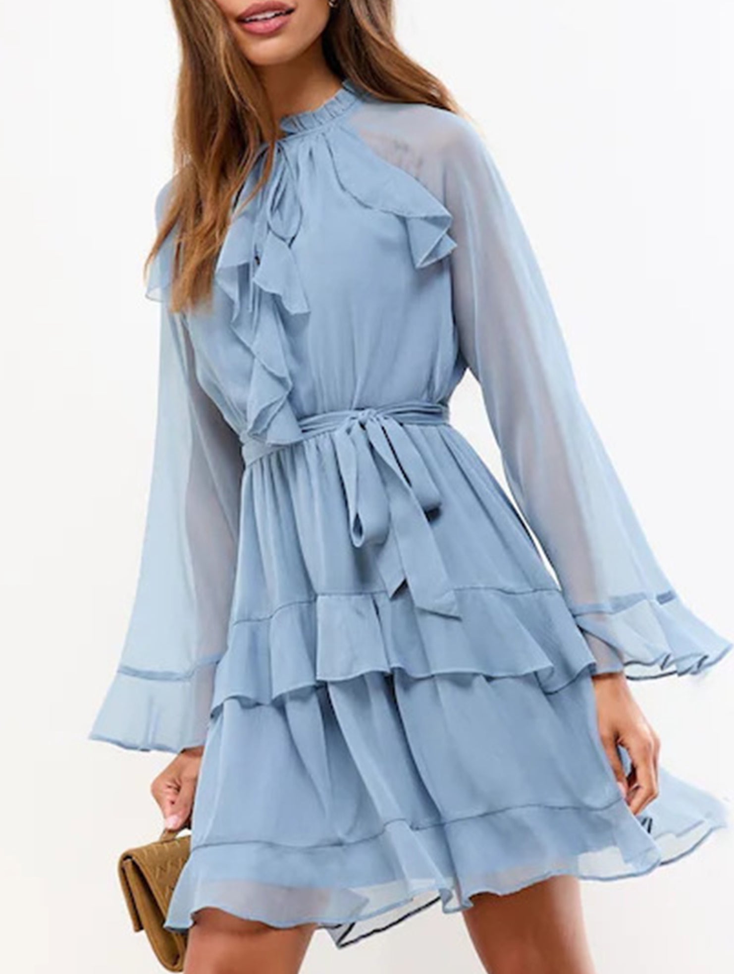 V Neck Ruffle Bell Sleeve Slim Dress_CWDSD11549