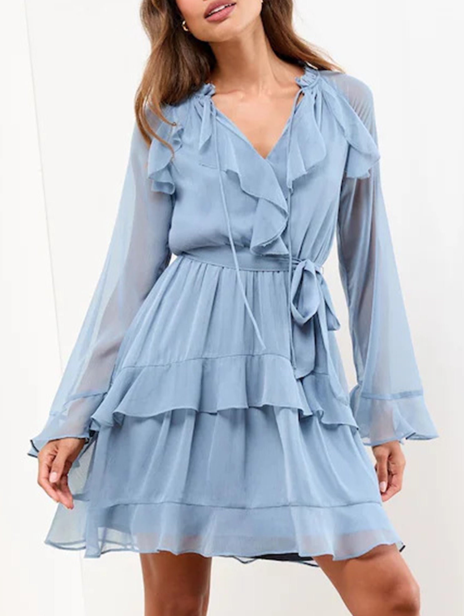 V Neck Ruffle Bell Sleeve Slim Dress_CWDSD11549