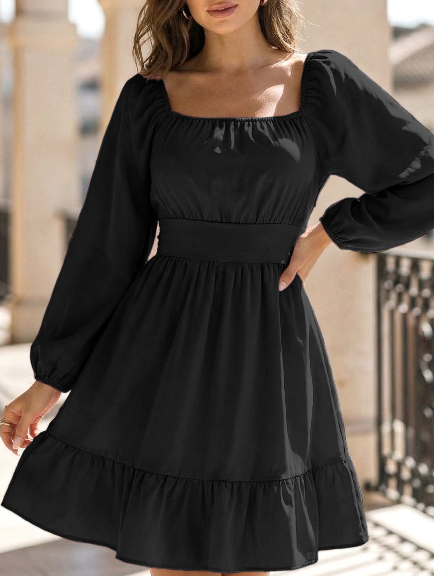 Women's square neckline ruffled tie-up short dress_CWDSD11560