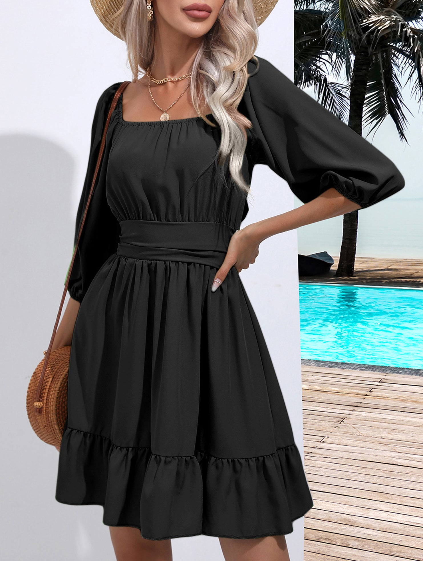 Women's square neckline ruffled tie-up short dress_CWDSD11560