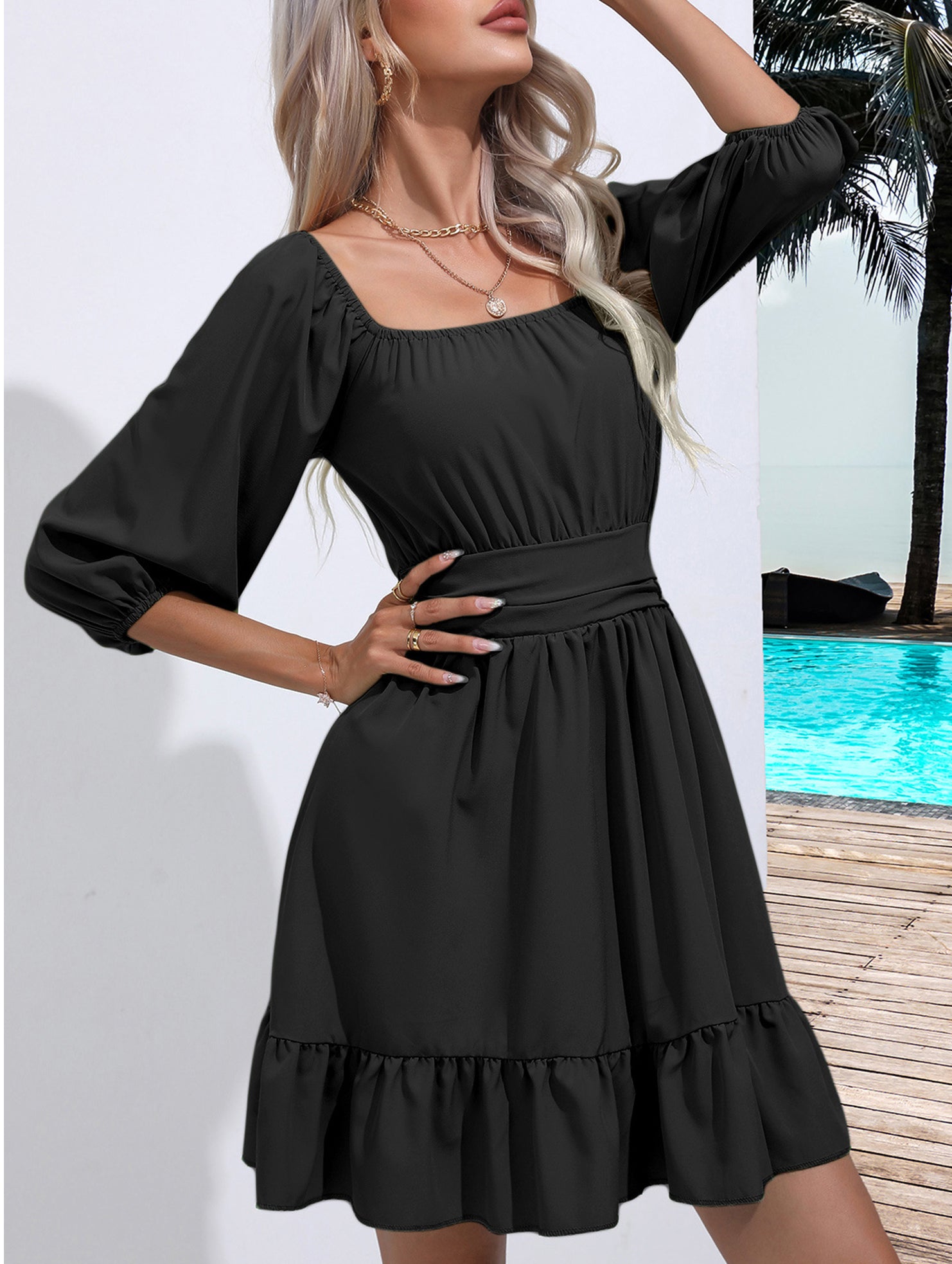 Women's square neckline ruffled tie-up short dress_CWDSD11560