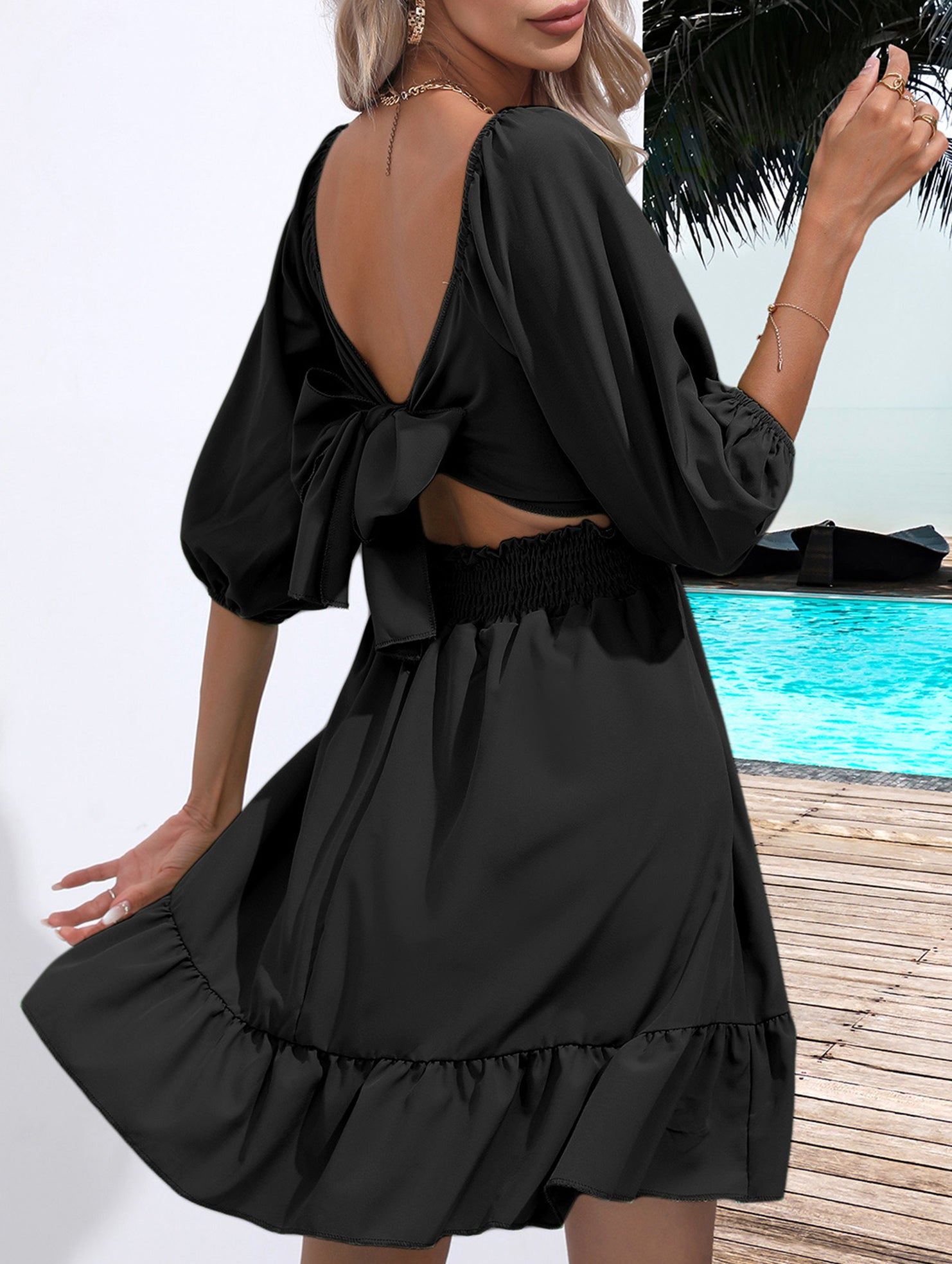 Women's square neckline ruffled tie-up short dress_CWDSD11560
