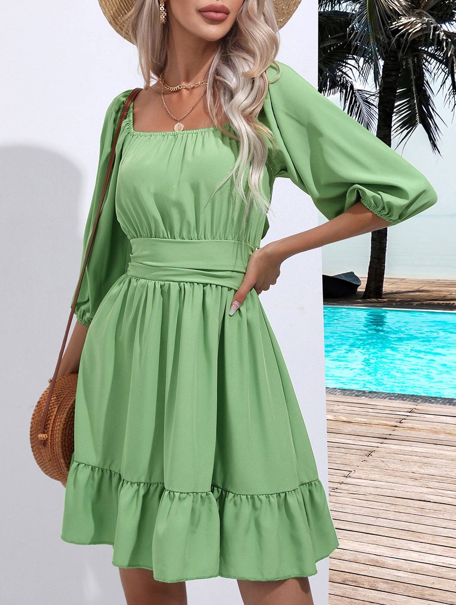 Women's square neckline ruffled tie-up short dress_CWDSD11560
