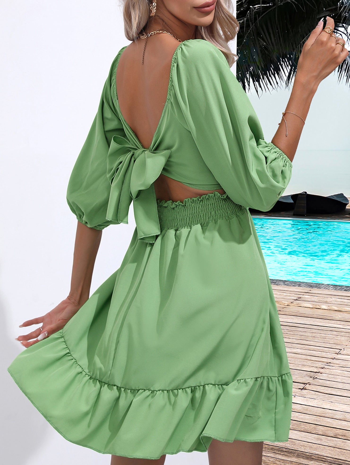 Women's square neckline ruffled tie-up short dress_CWDSD11560