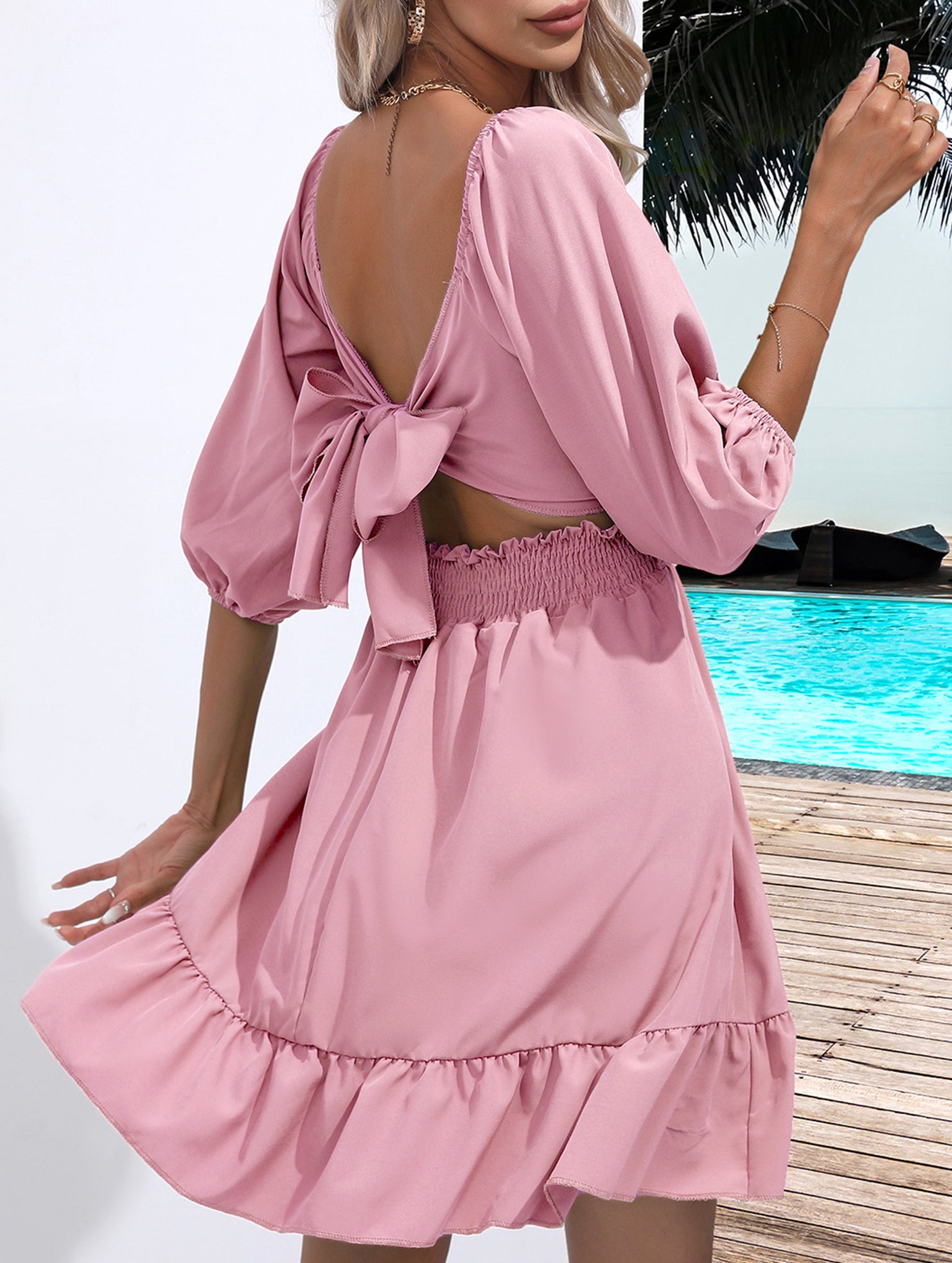 Women's square neckline ruffled tie-up short dress_CWDSD11560