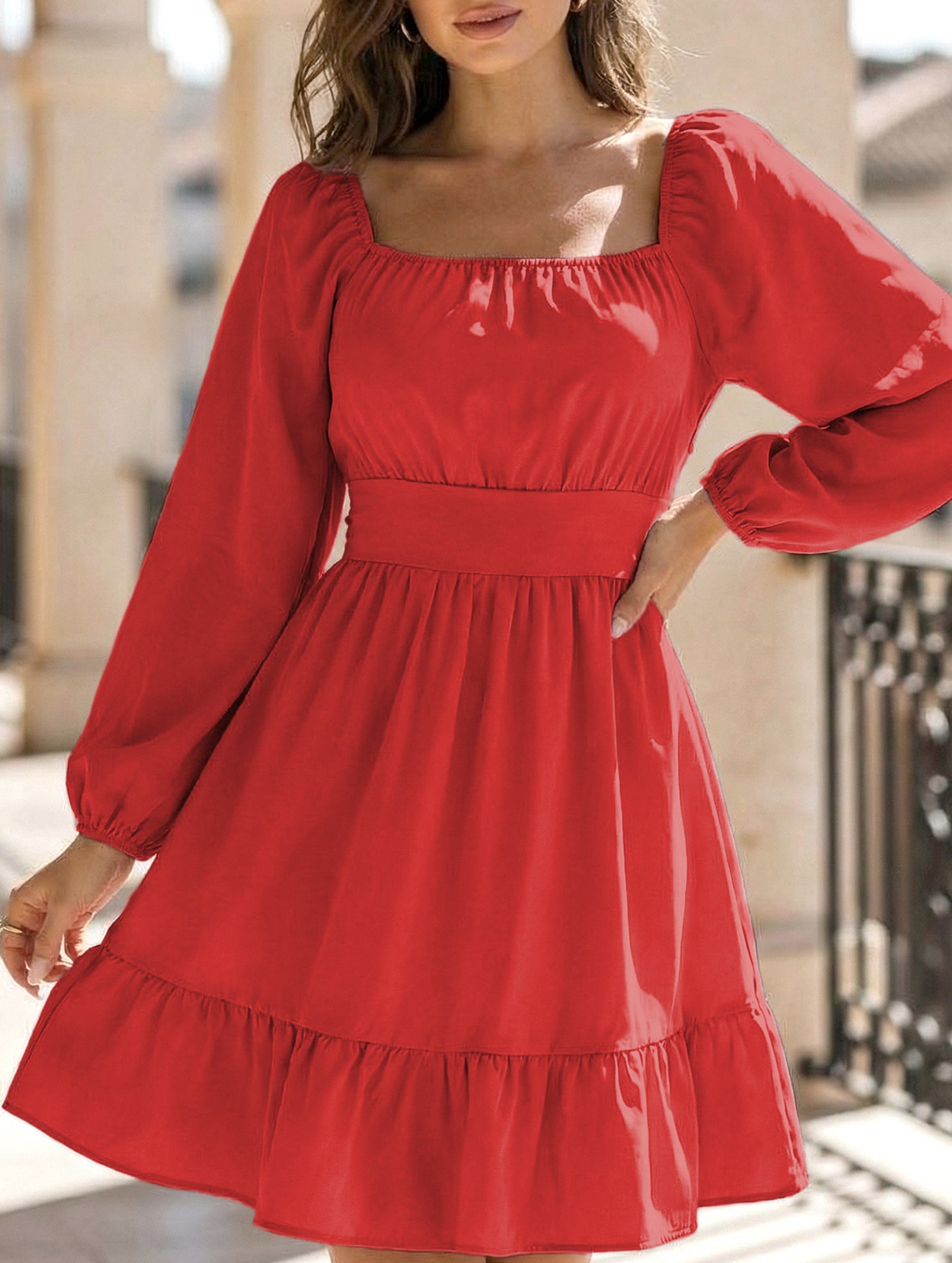 Women's square neckline ruffled tie-up short dress_CWDSD11560