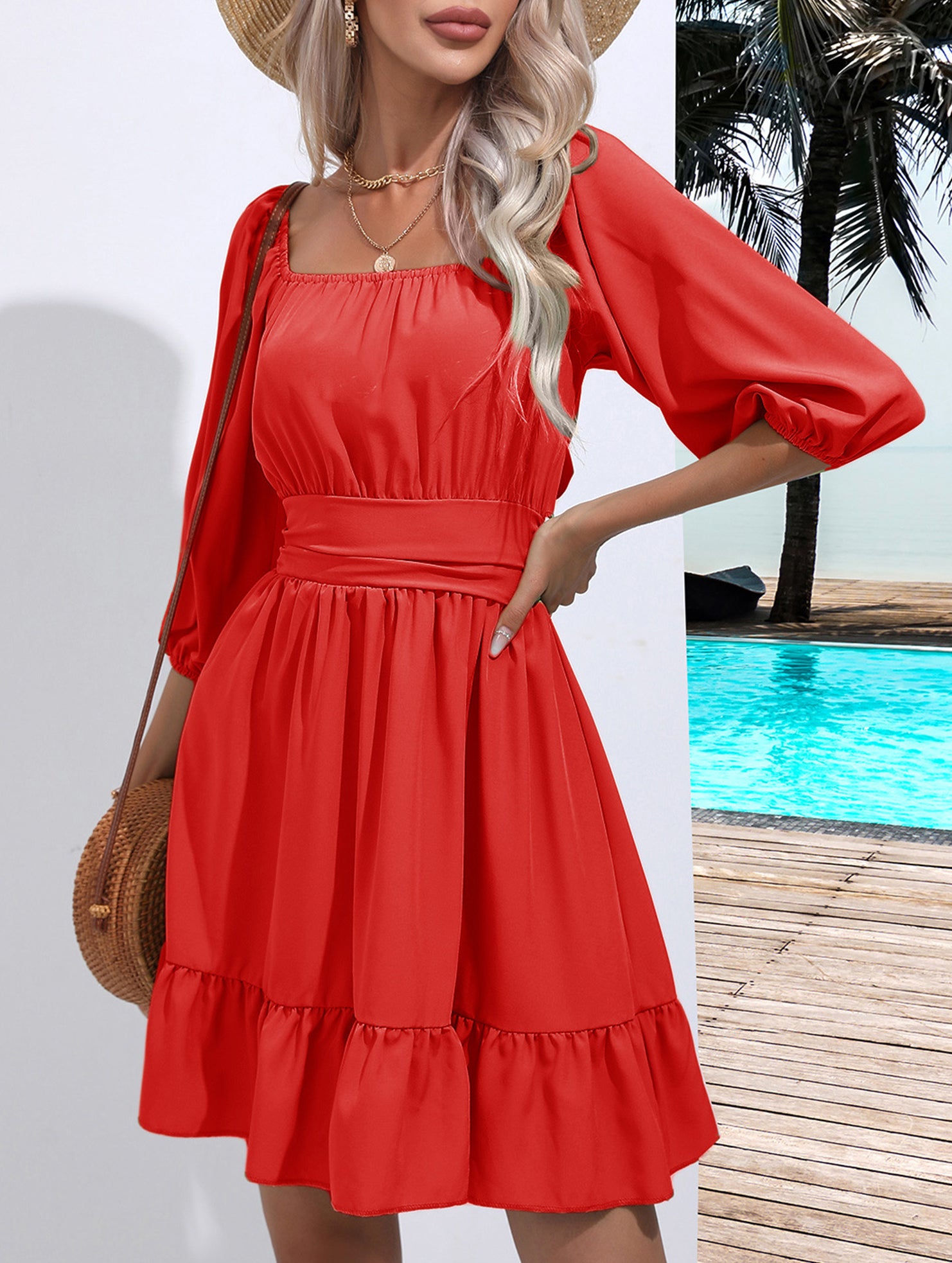 Women's square neckline ruffled tie-up short dress_CWDSD11560