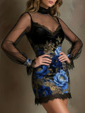 Lace Patchwork Printed Mesh Bodycon Dress_CWDSD11592