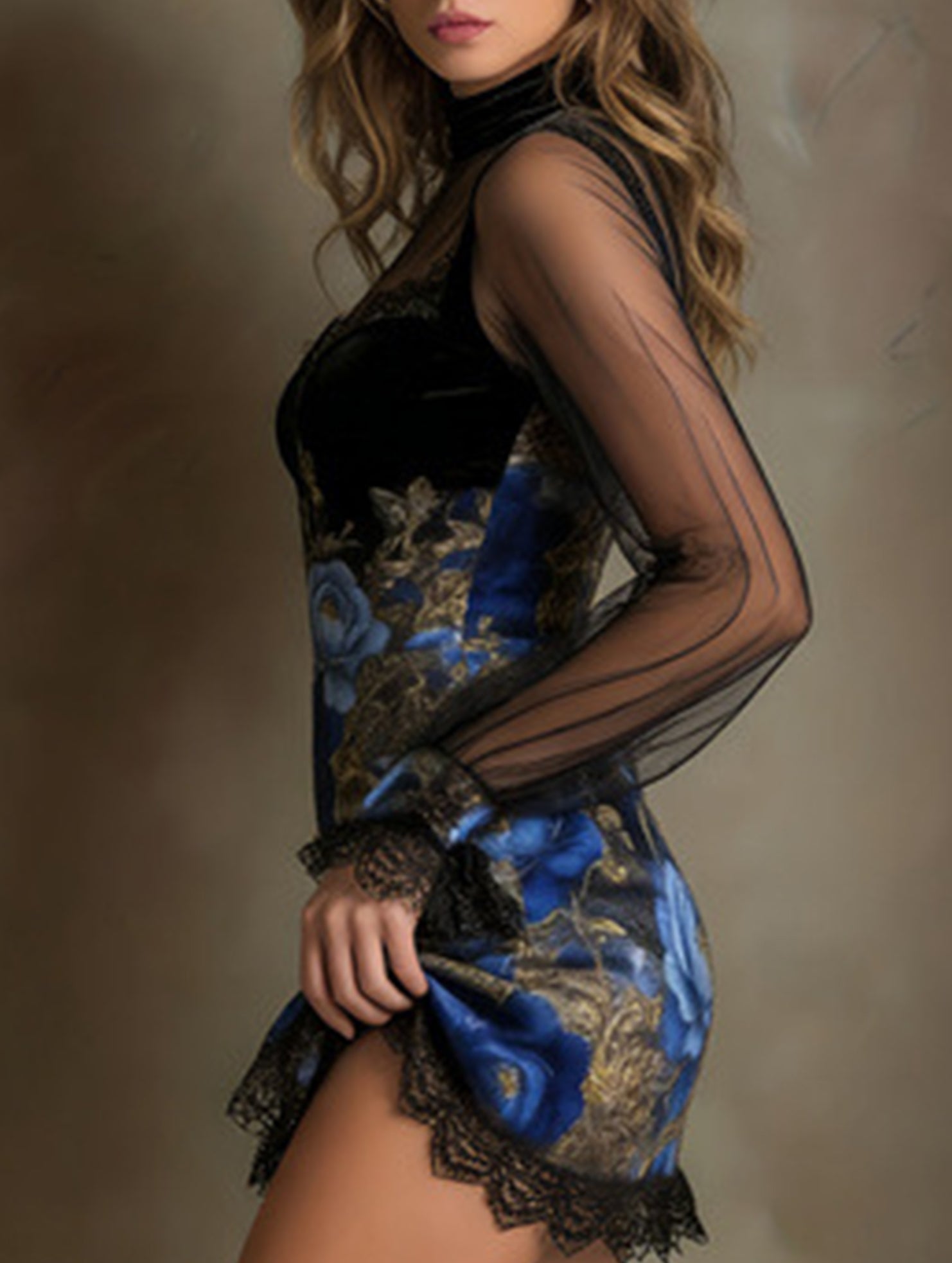 Lace Patchwork Printed Mesh Bodycon Dress_CWDSD11592