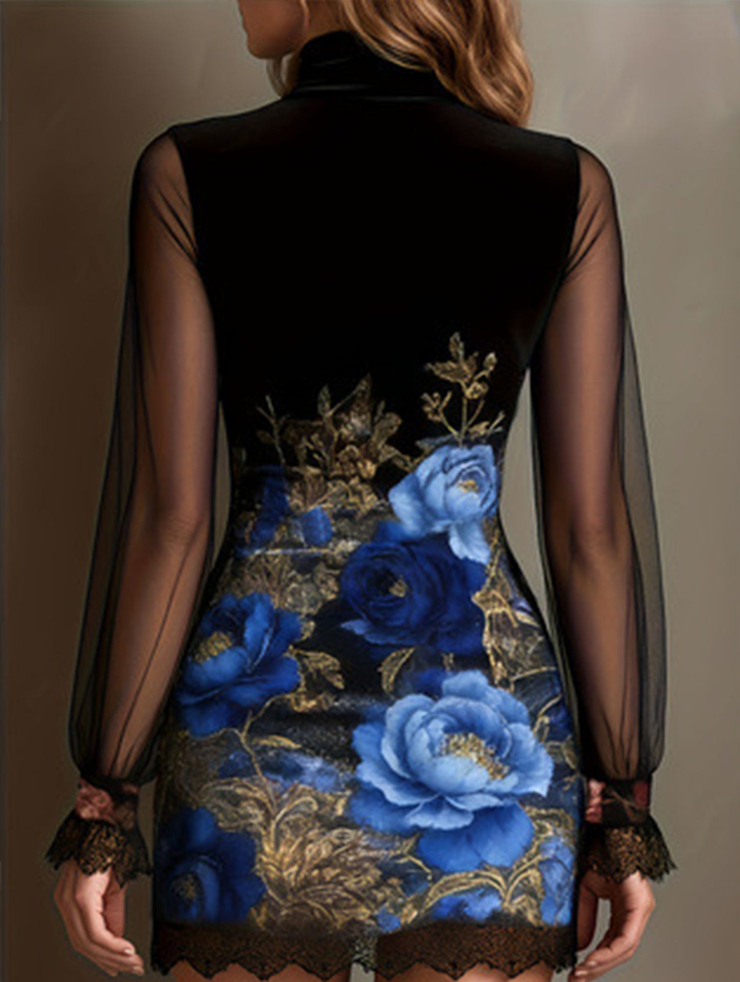 Lace Patchwork Printed Mesh Bodycon Dress_CWDSD11592
