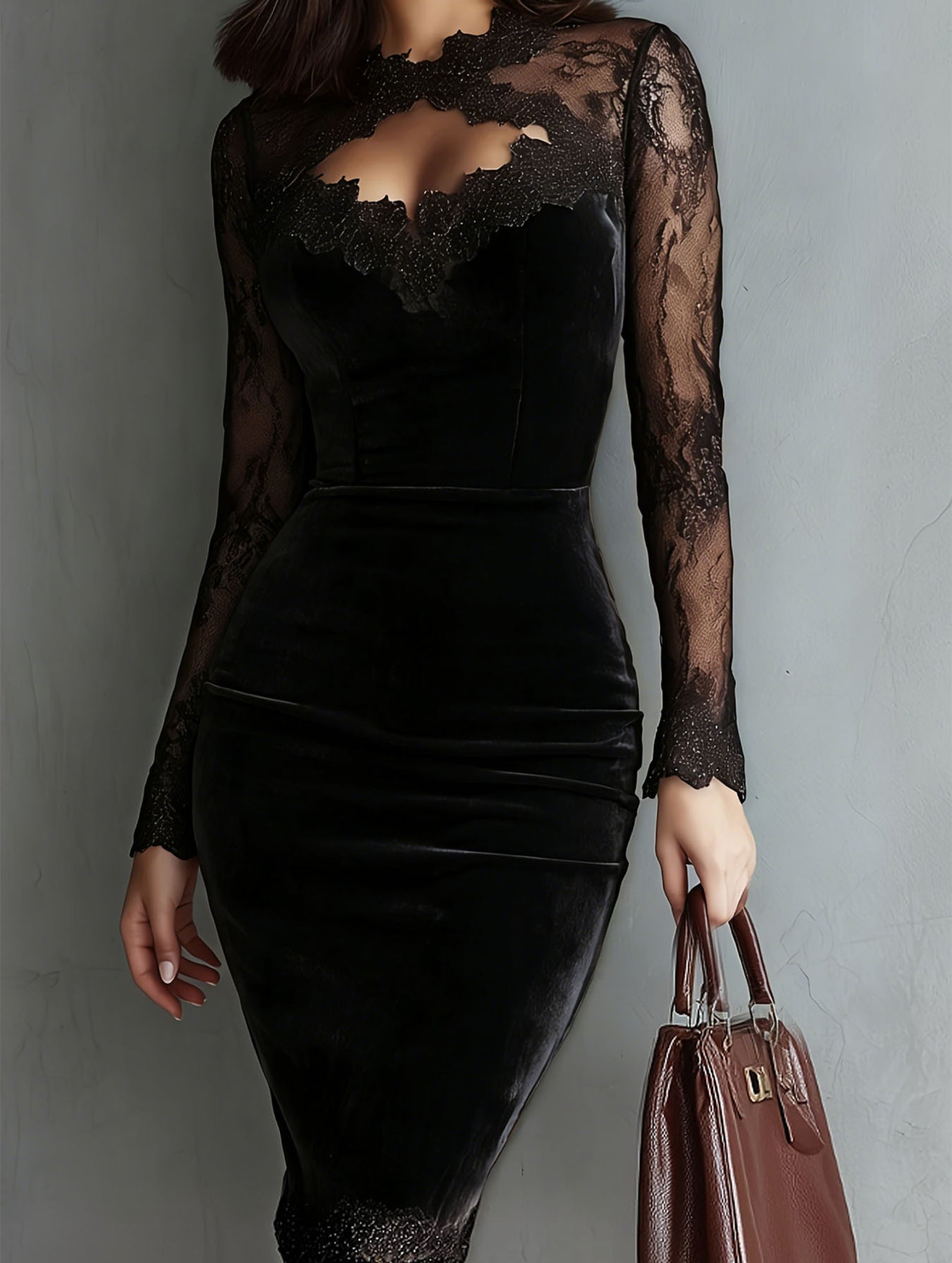 Sheer Lace V Neck Slim Fit Dress_CWDSD11593
