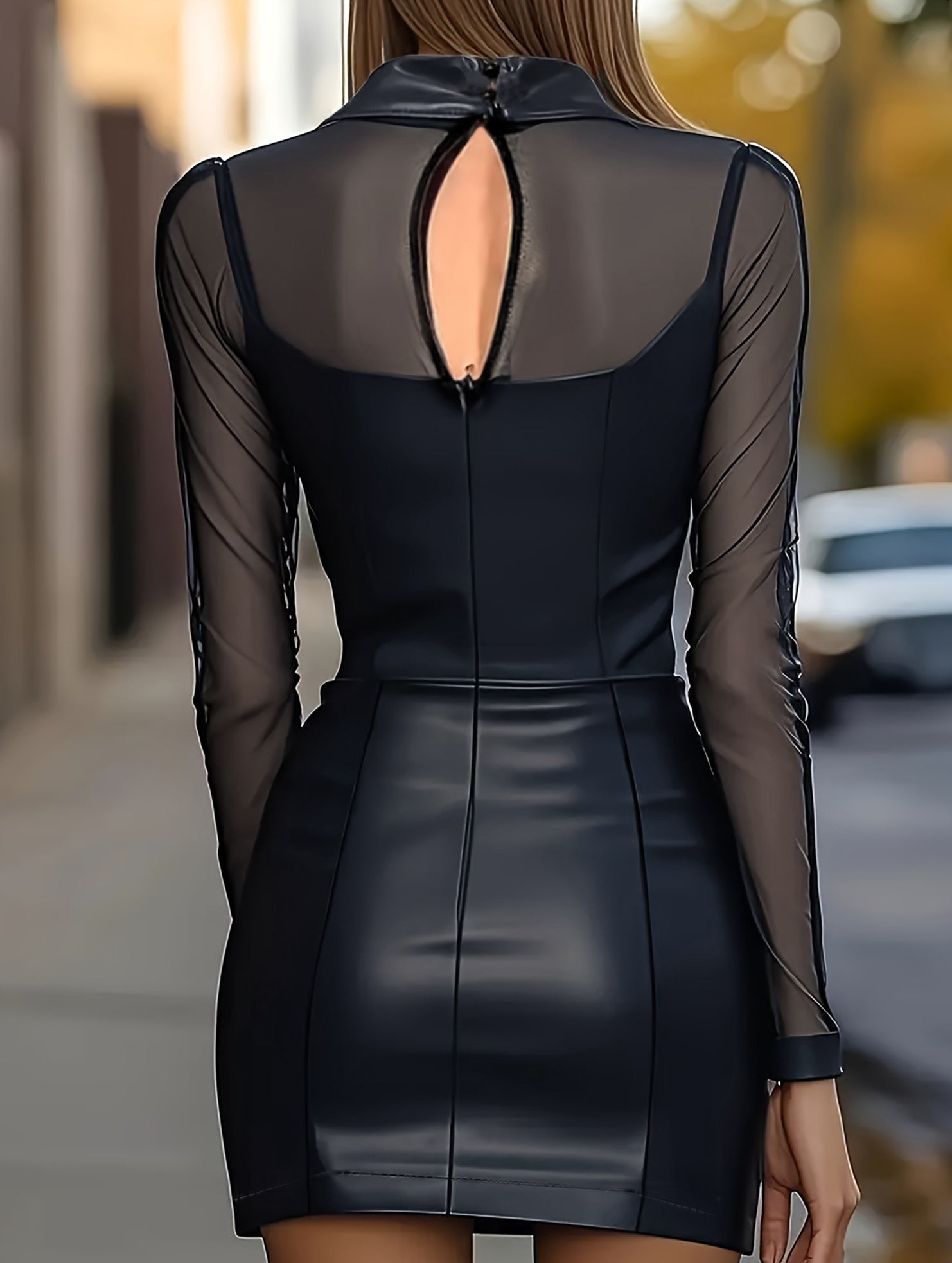 Mesh Patchwork Leather Bodycon Dress_CWDSD11594