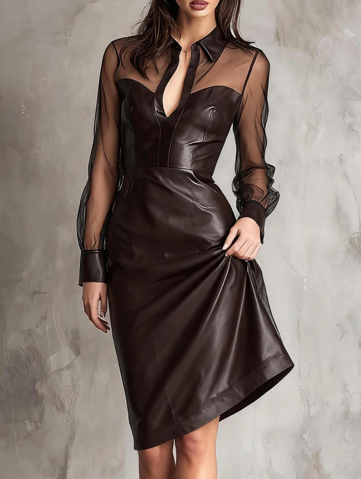 Mesh PU Patchwork V Neck Bodycon Dress_CWDSD11602