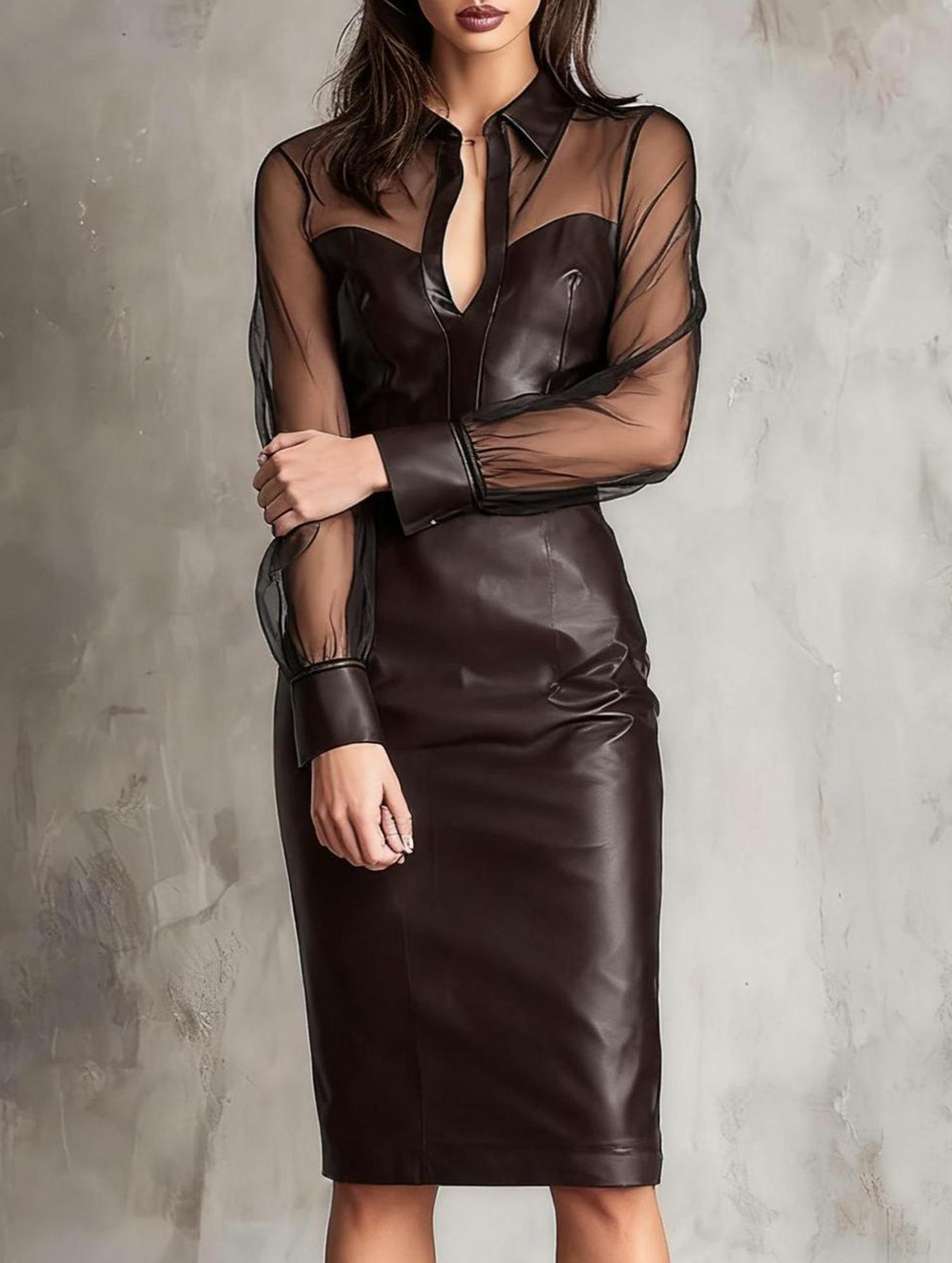 Mesh PU Patchwork V Neck Bodycon Dress_CWDSD11602