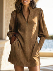 Solid Zip Mock Neck Long Sleeve Dress_CWDSD11603