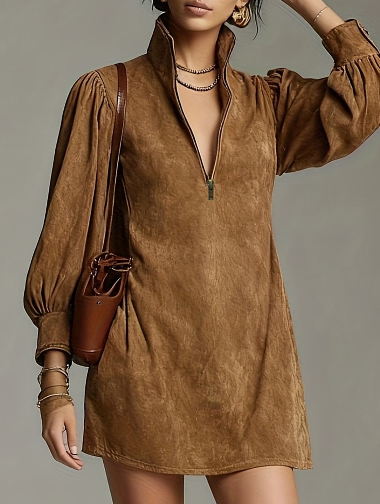 Solid Zip Mock Neck Long Sleeve Dress_CWDSD11603