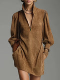 Solid Zip Mock Neck Long Sleeve Dress_CWDSD11603
