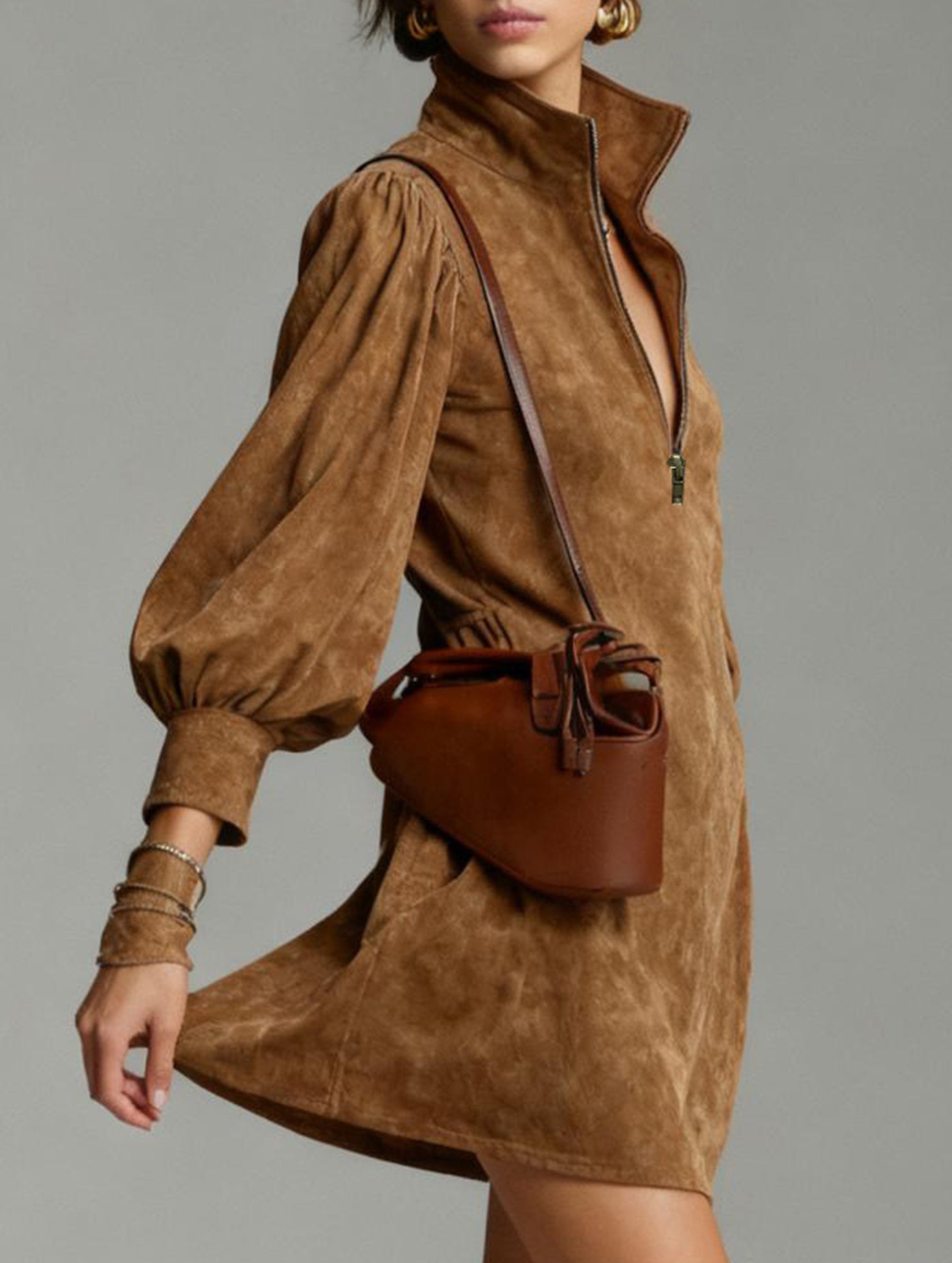 Solid Zip Mock Neck Long Sleeve Dress_CWDSD11603