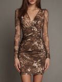 Leopard Mesh V Neck Ruched Bodycon Dress_CWDSD11604