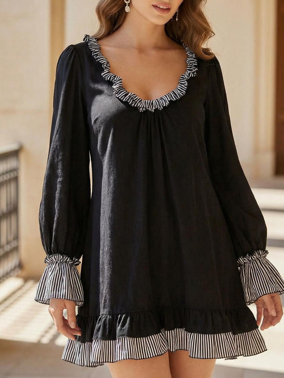 Vintage Black Ruffle Trim Slim Mini Dress