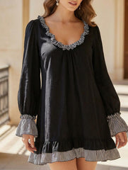 Vintage Black Ruffle Trim Slim Mini Dress