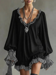 Vintage Black Ruffle Trim Slim Mini Dress