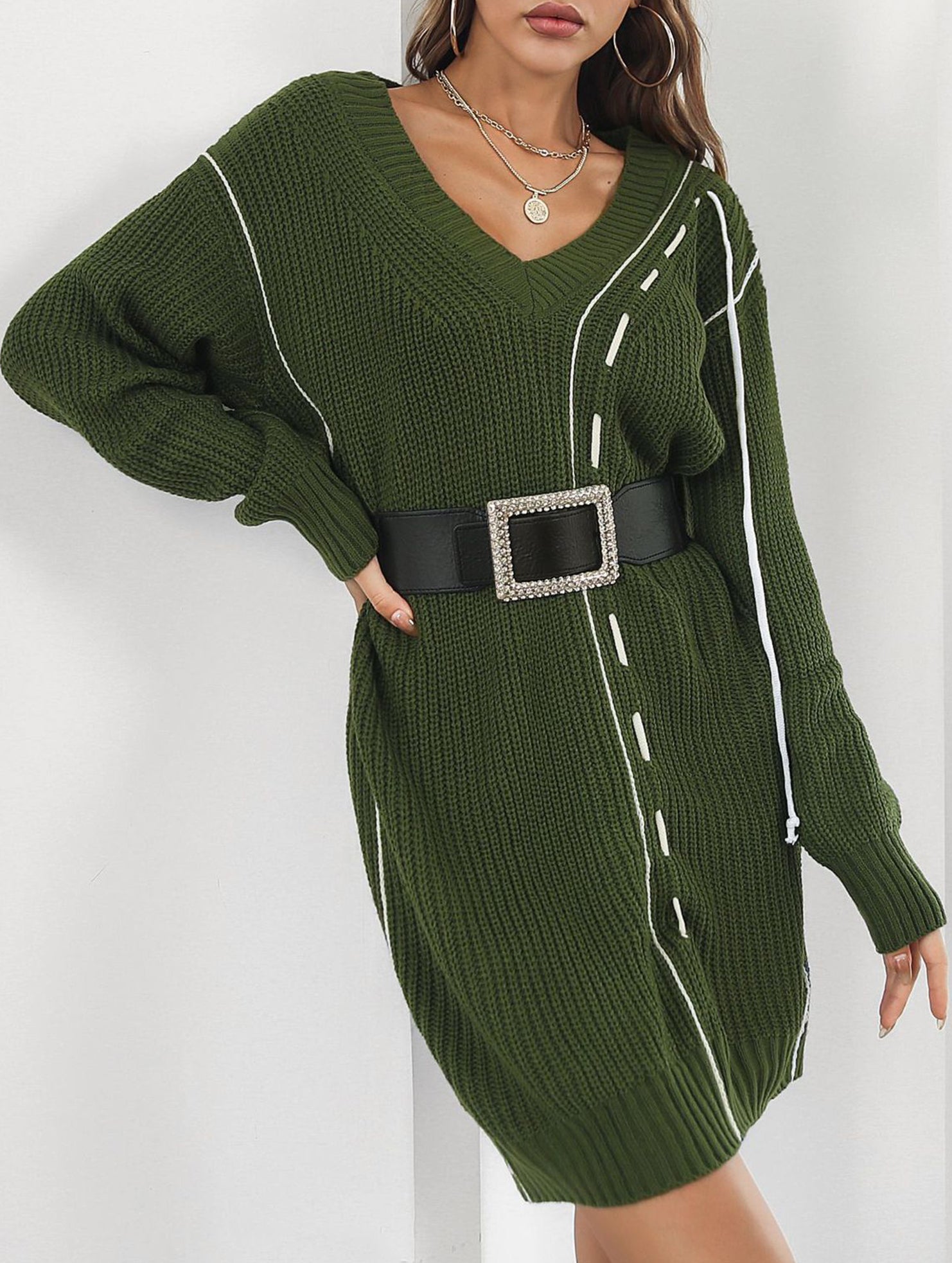 Drawstring V-neck loose knit sweater dress for women_CWDSD11611