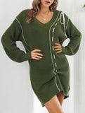 Drawstring V-neck loose knit sweater dress for women_CWDSD11611
