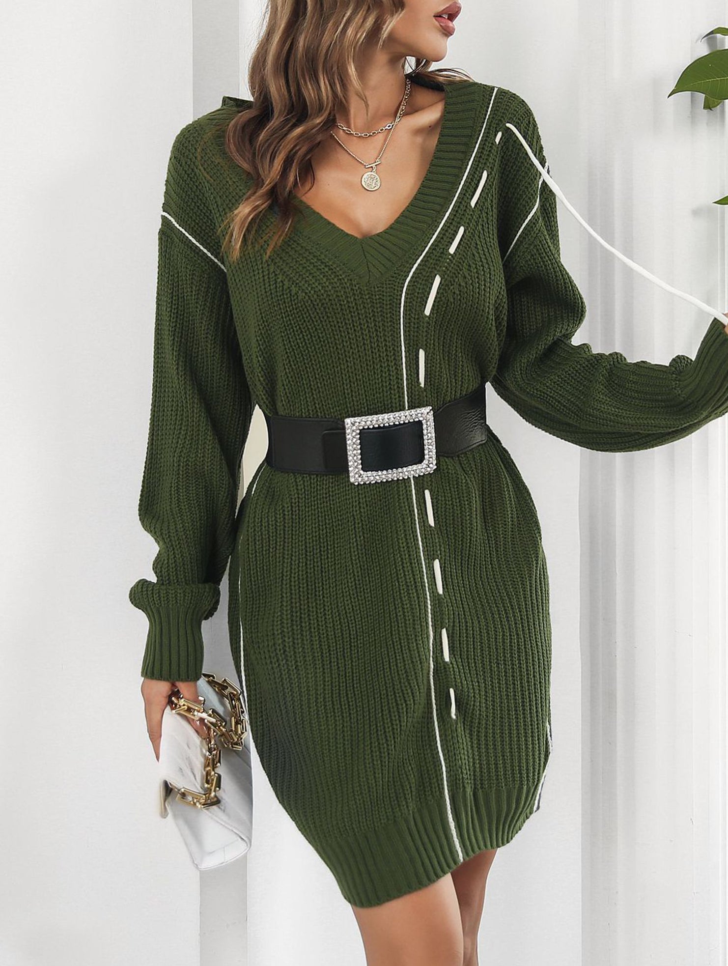 Drawstring V-neck loose knit sweater dress for women_CWDSD11611