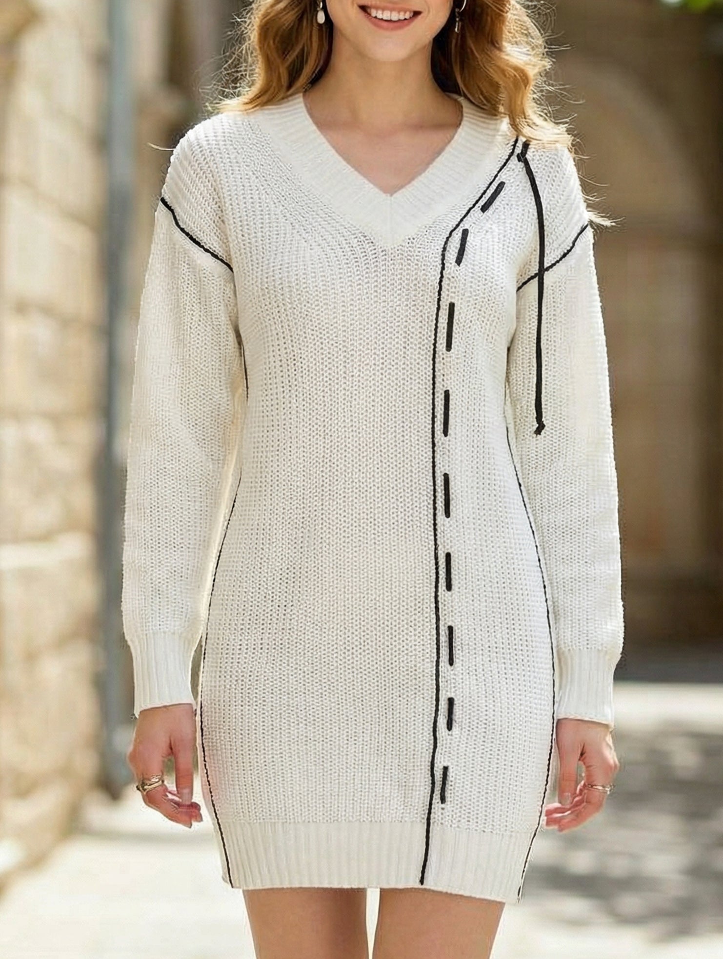 Drawstring V-neck loose knit sweater dress for women_CWDSD11611