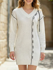 Drawstring V-neck loose knit sweater dress for women_CWDSD11611