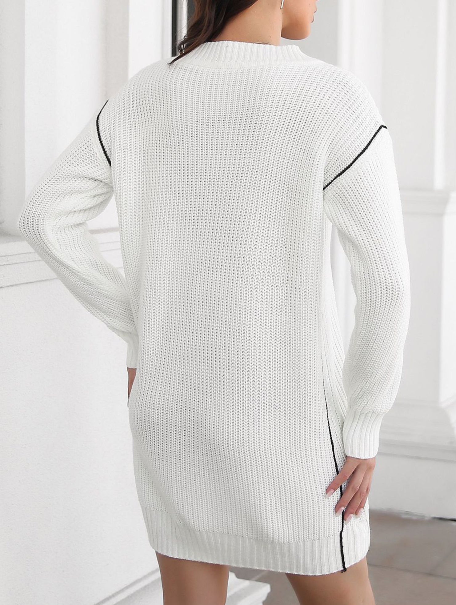 Drawstring V-neck loose knit sweater dress for women_CWDSD11611