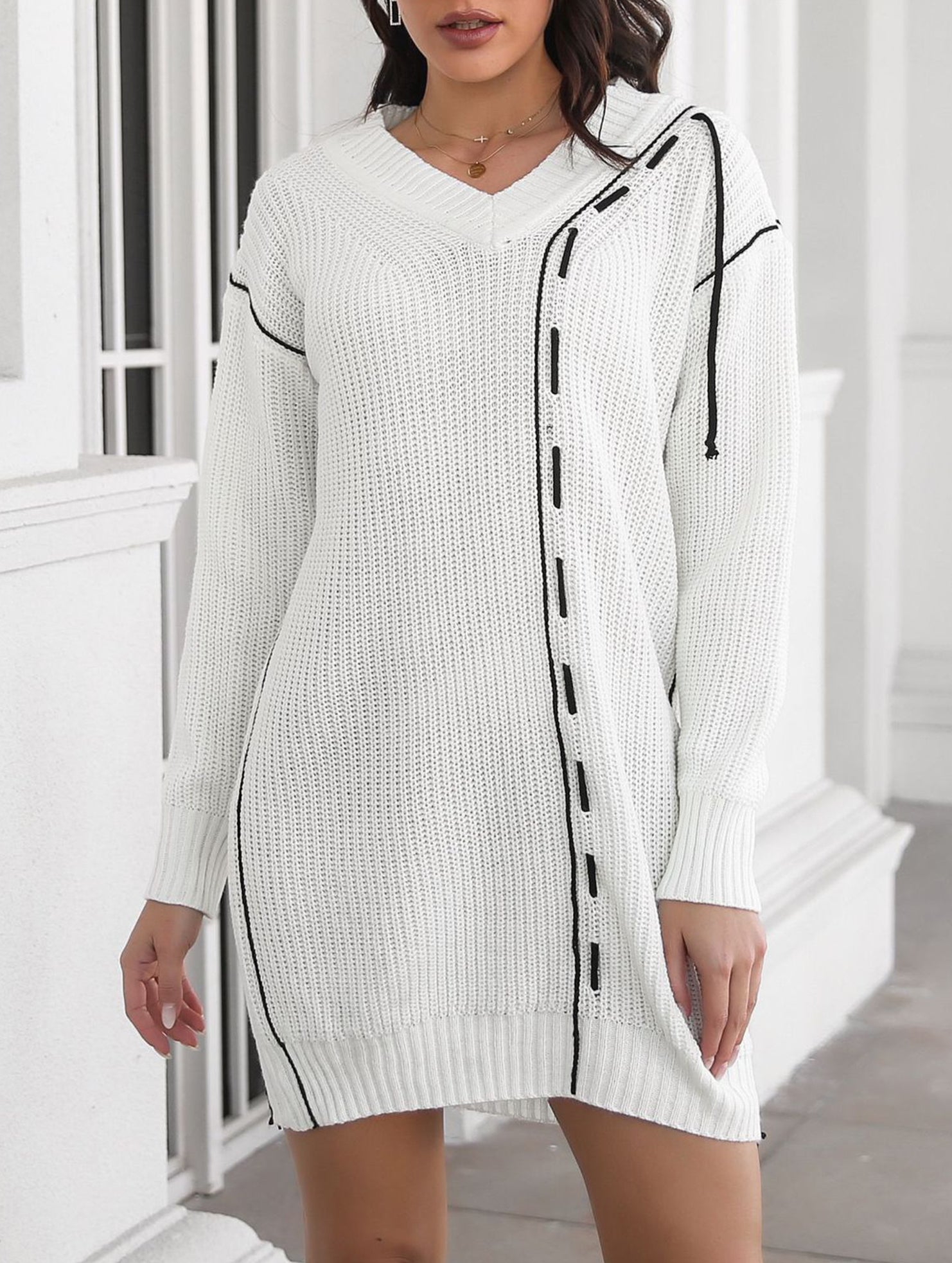 Drawstring V-neck loose knit sweater dress for women_CWDSD11611