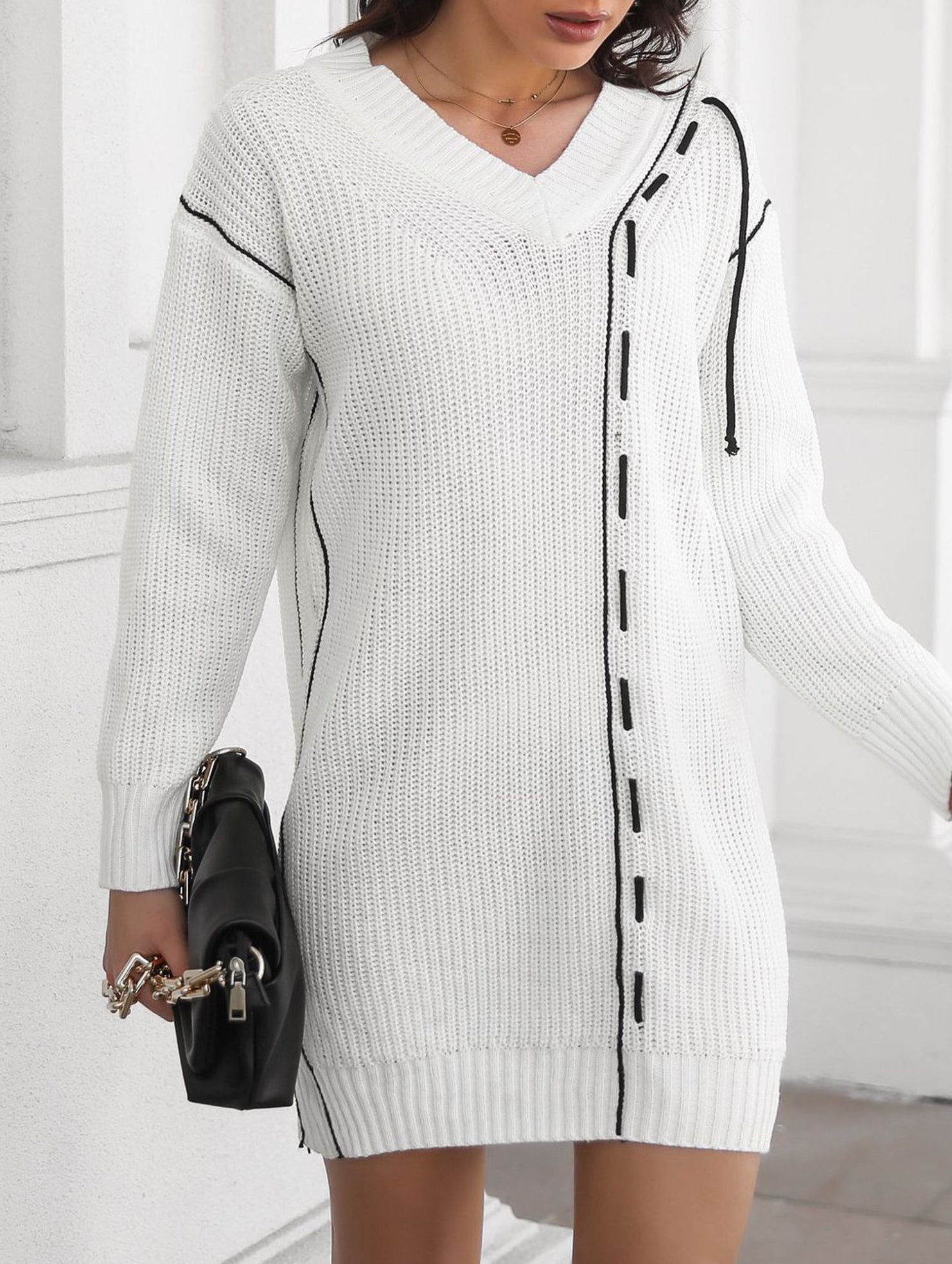 Drawstring V-neck loose knit sweater dress for women_CWDSD11611