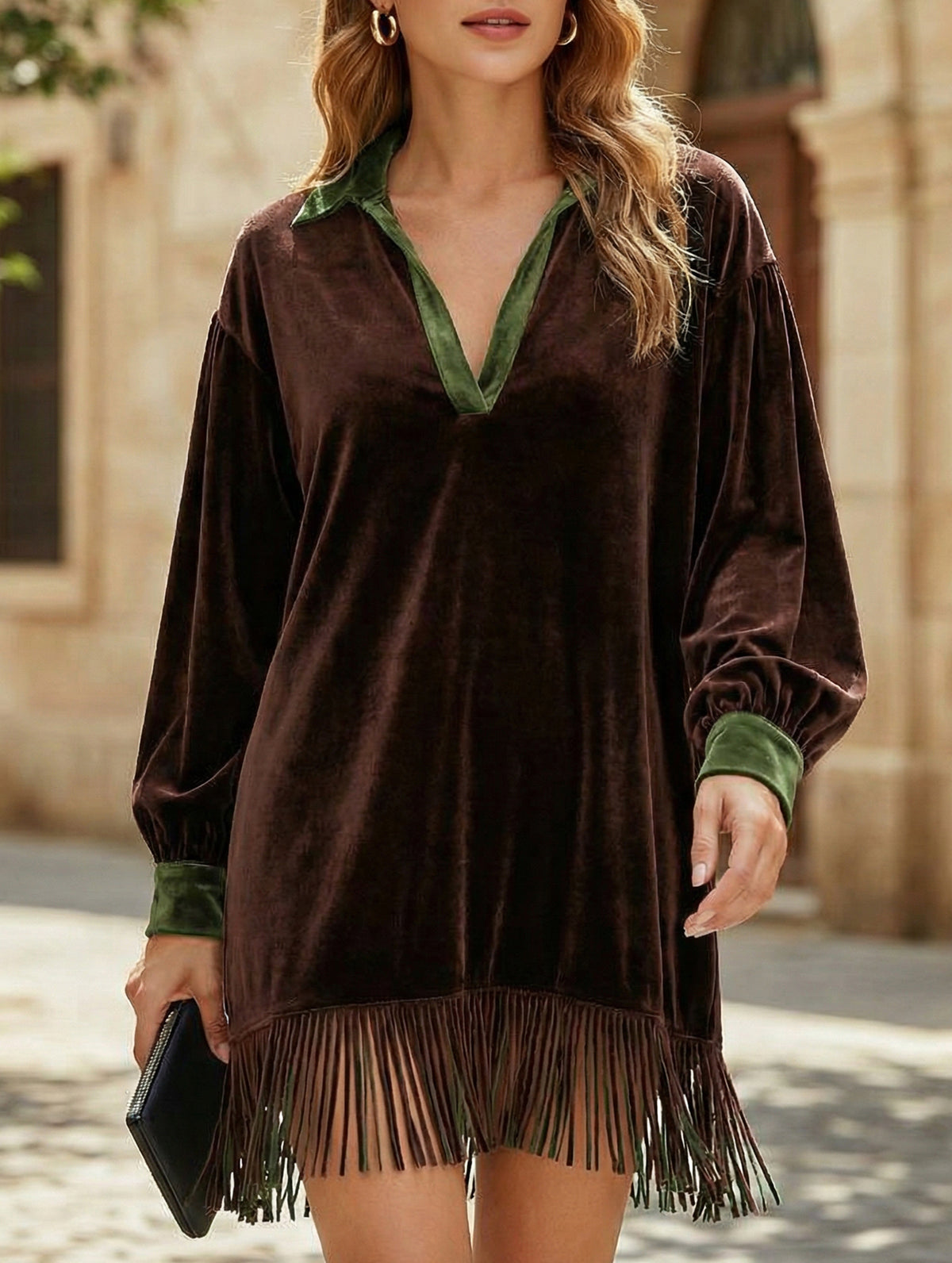 Color-blocked loose-fitting tassel dress for women_CWDSD11615