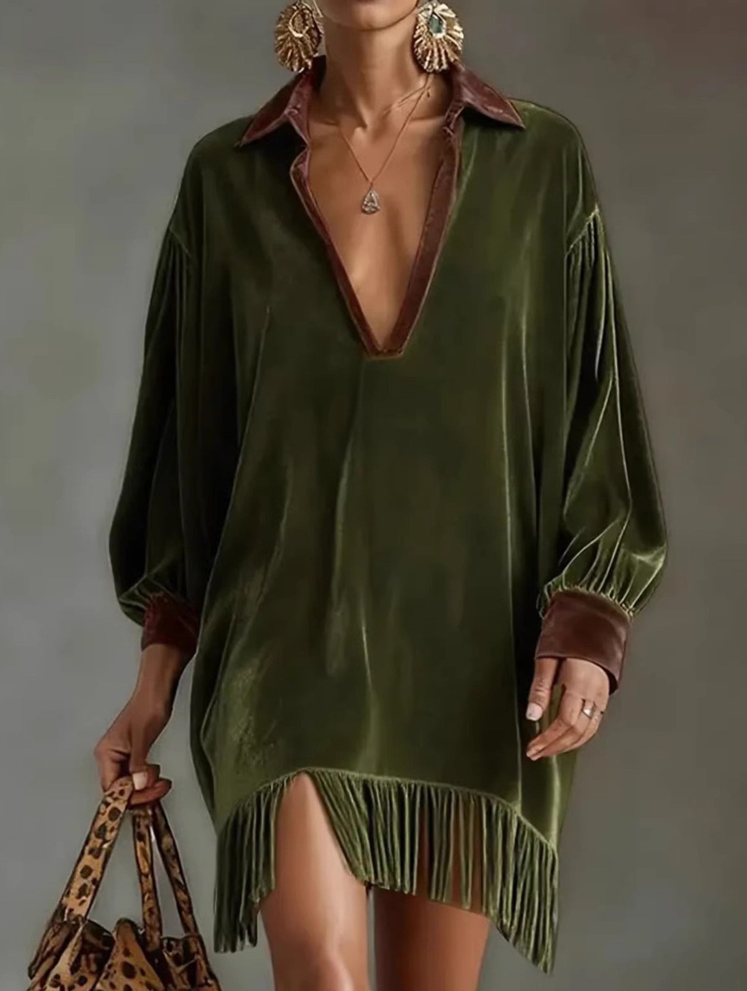 Color-blocked loose-fitting tassel dress for women_CWDSD11615