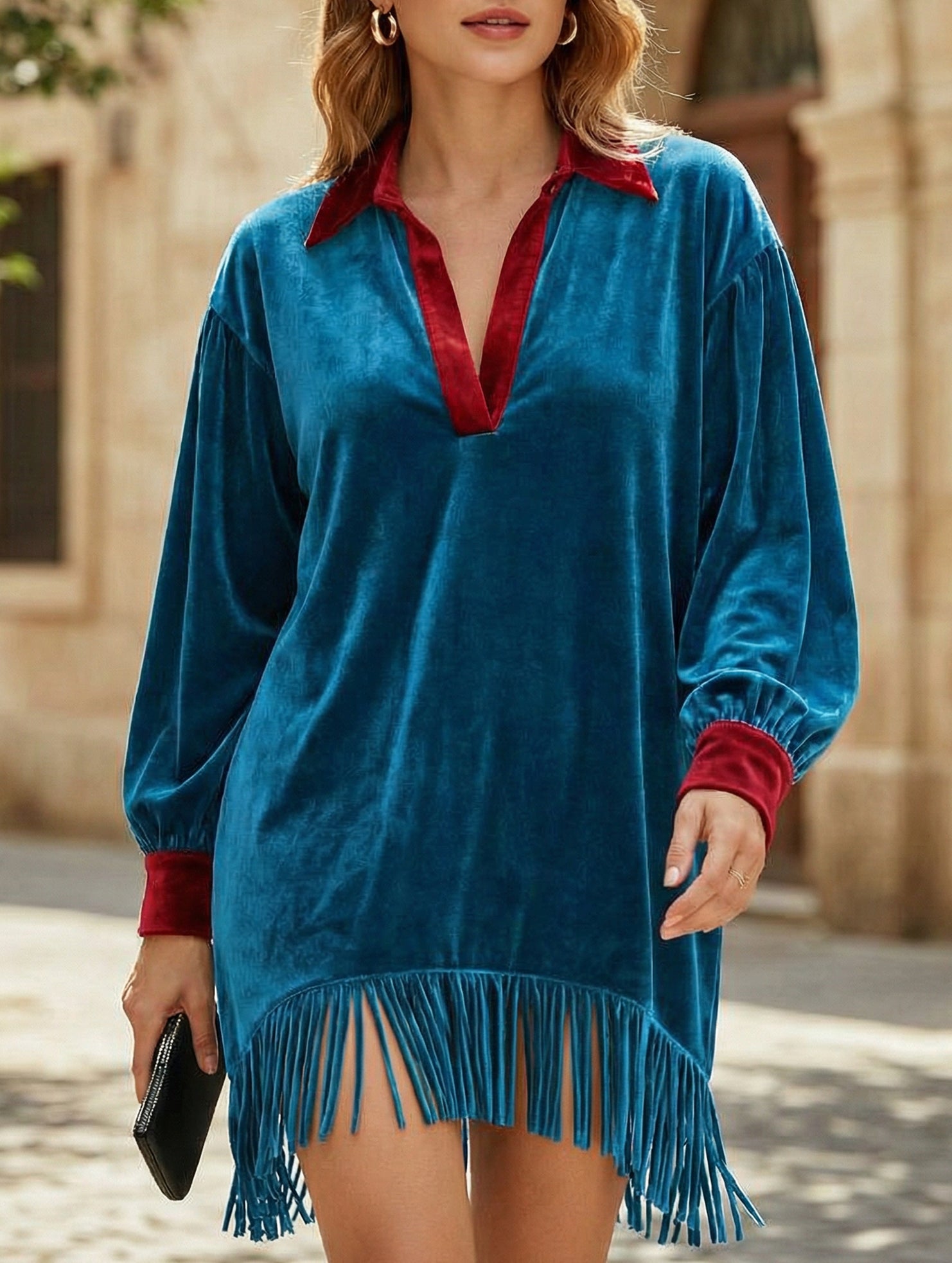 Color-blocked loose-fitting tassel dress for women_CWDSD11615