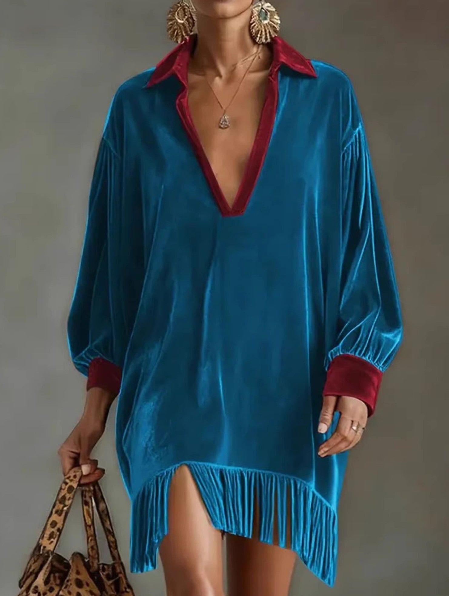 Color-blocked loose-fitting tassel dress for women_CWDSD11615