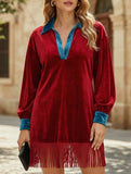Color-blocked loose-fitting tassel dress for women_CWDSD11615