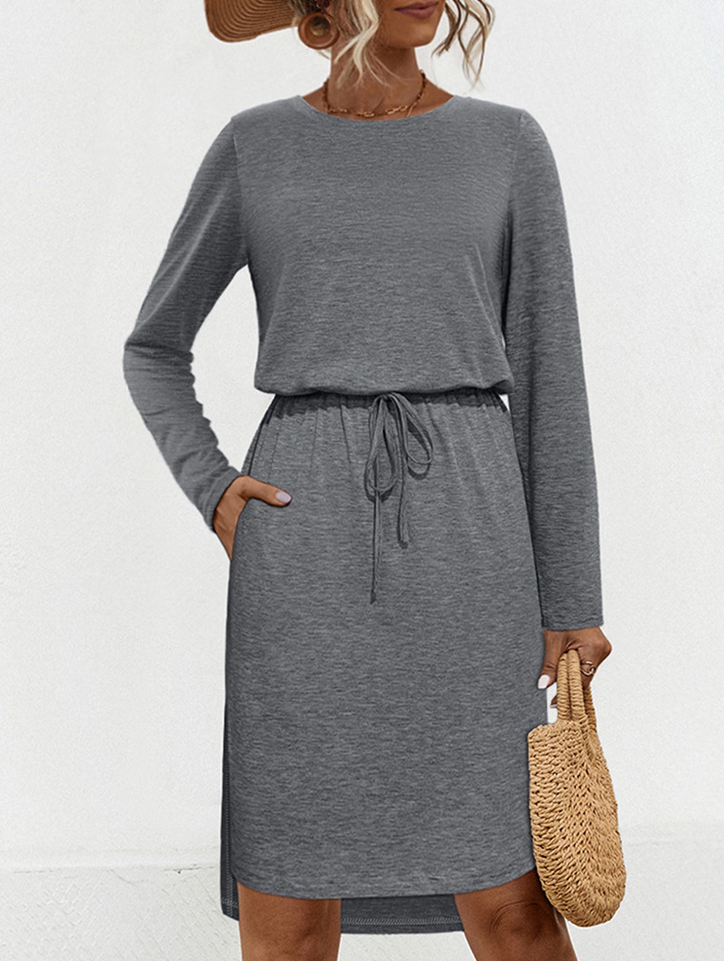 Solid Crew Neck Tie Slit Midi Dress_CWDSD11621