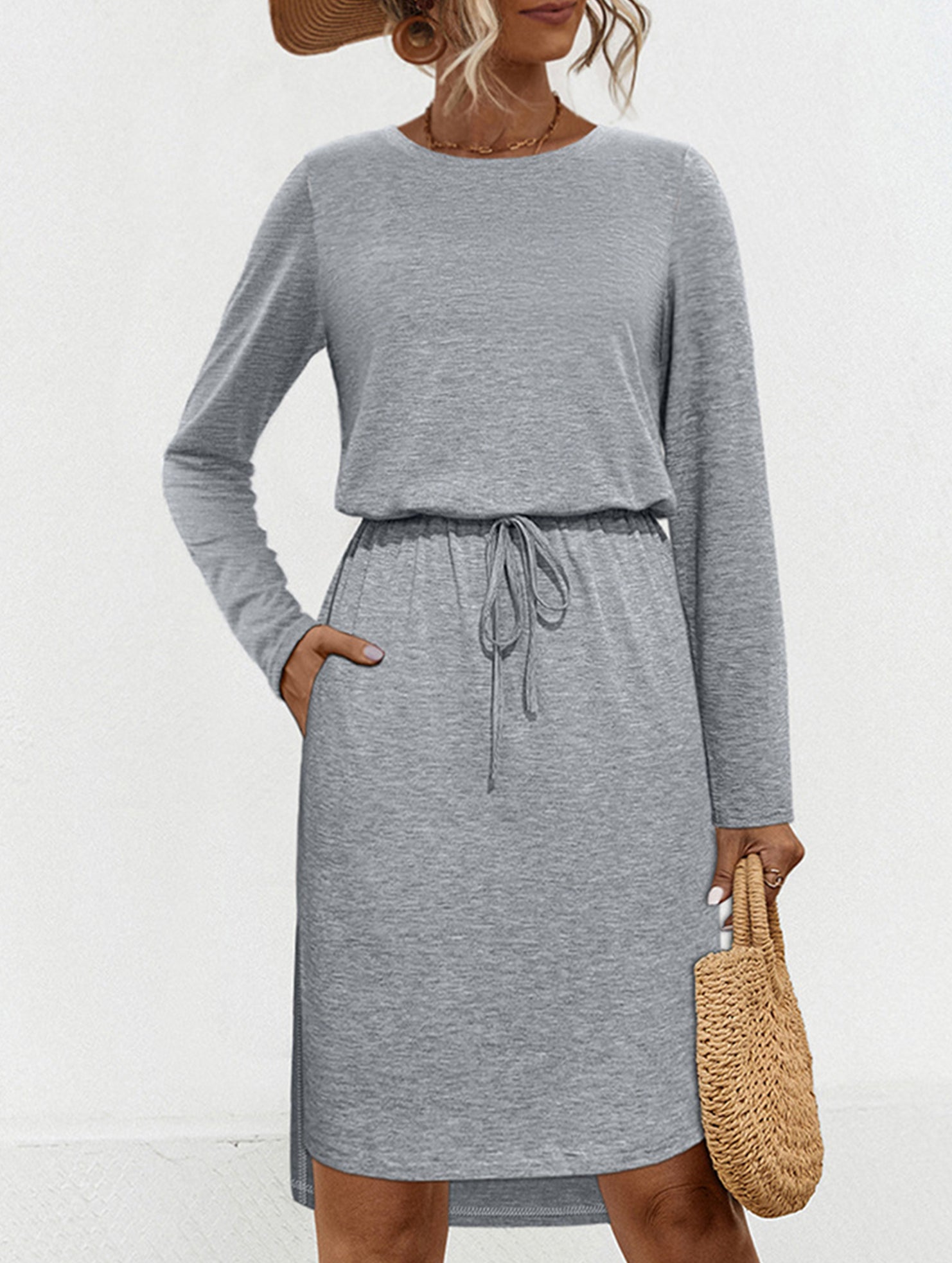 Solid Crew Neck Tie Slit Midi Dress_CWDSD11621