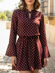 Polka Dot V Neck Long Sleeve Midi Dress_CWDSD11627