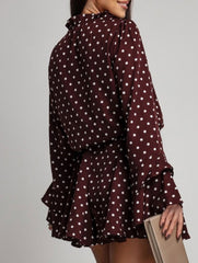 Polka Dot V Neck Long Sleeve Midi Dress_CWDSD11627
