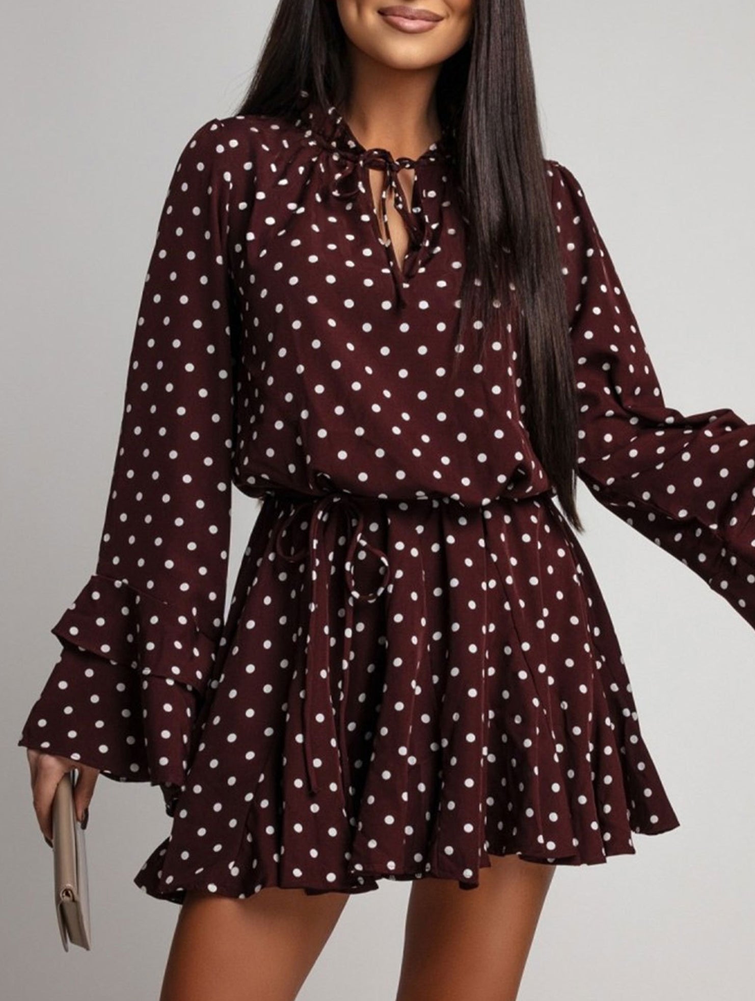 Polka Dot V Neck Long Sleeve Midi Dress_CWDSD11627