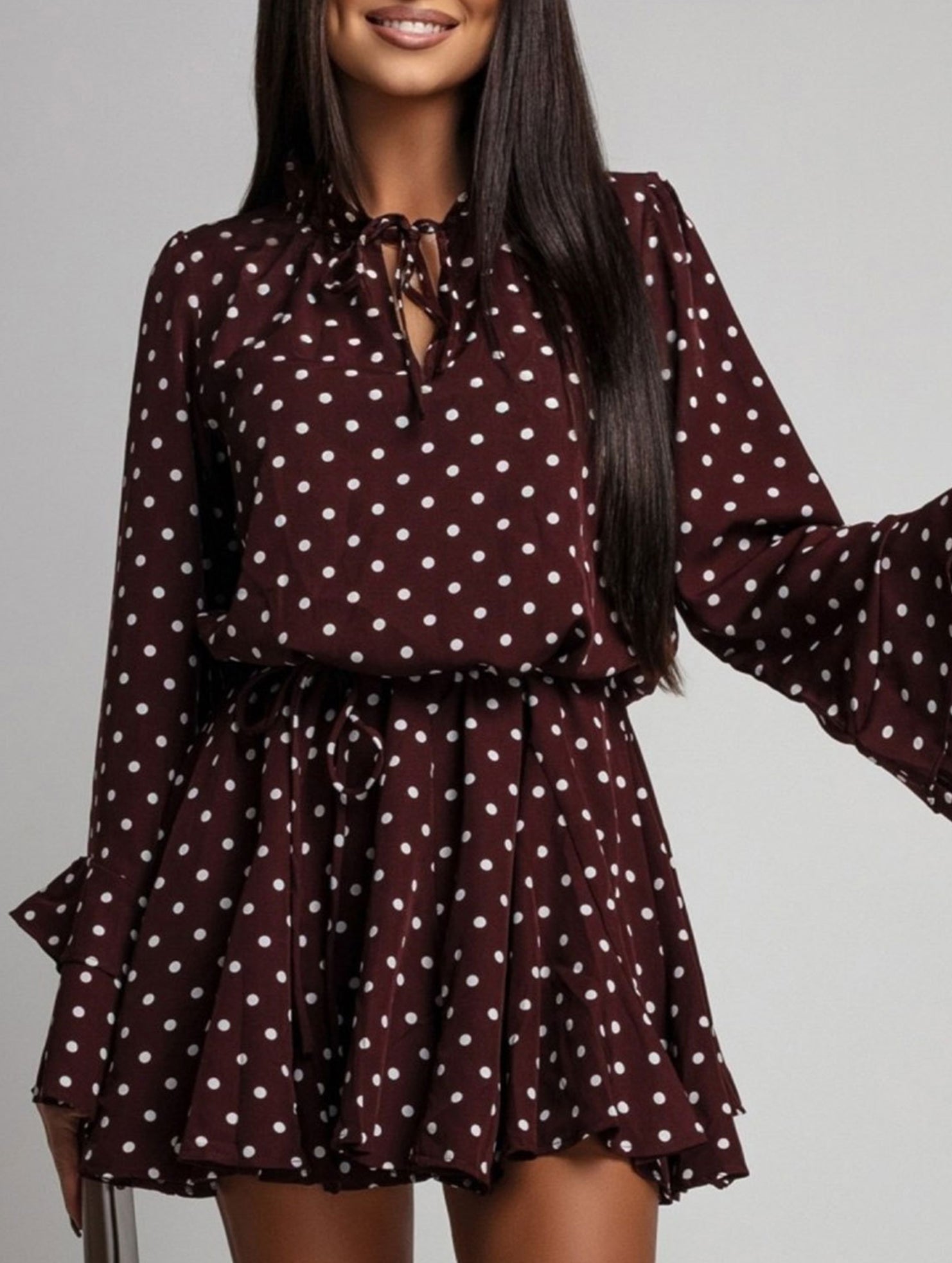 Polka Dot V Neck Long Sleeve Midi Dress_CWDSD11627