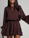 Polka Dot V Neck Long Sleeve Midi Dress_CWDSD11627