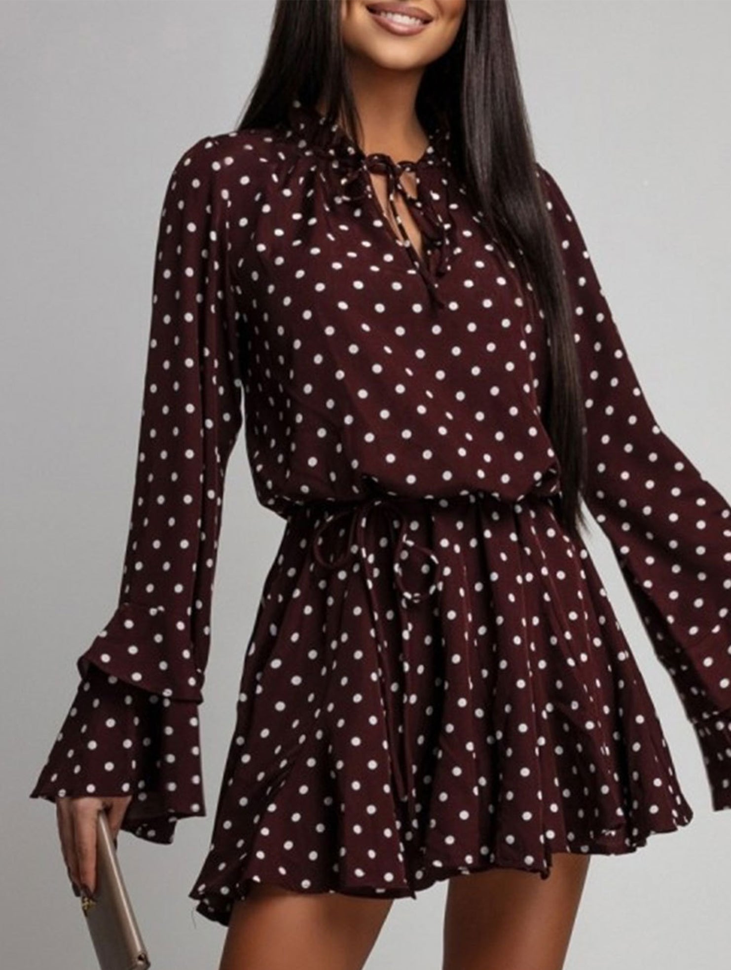 Polka Dot V Neck Long Sleeve Midi Dress_CWDSD11627